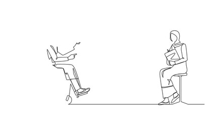 Poster - Animation of continuous line drawing disabled Arab woman at job interview in office. Person in wheelchair talking with employer. Job interview. One line self drawing animated. Full length motion
