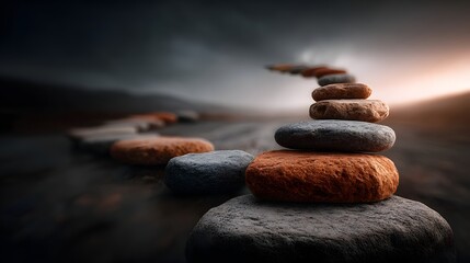 Poster - Stacked rocks in a serene minimalist landscape with a warm atmospheric sunset lighting
