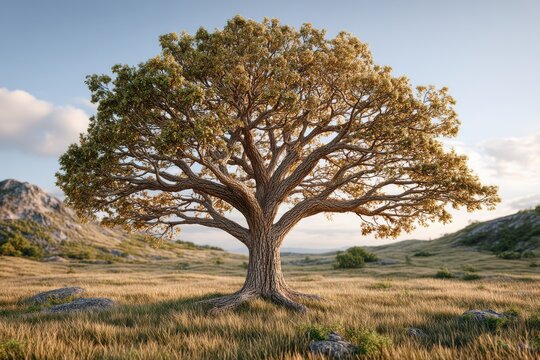 Pixelated Tree in a Golden Hour Landscape