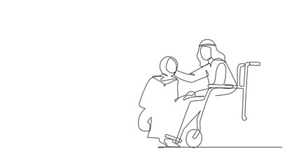 Poster - Animation of one line drawing Arab woman kneeling before man in wheelchair. Disabled man in wheelchair holding wife head in hospital ward. Continuous line self drawing animated. Full length motion