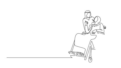 Poster - Animation of single one line drawing husband embracing disabled Arabian wife sitting on wheelchair. Couple looking at each other with love. Continuous line self drawing animated. Full length motion