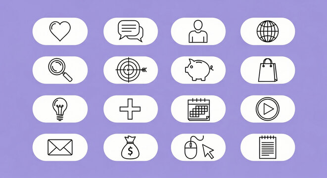 A collection of sixteen outline icons arranged in a grid pattern on a light purple background color