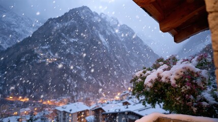 Wall Mural - snow falls over a picturesque alpine village at dusk, with snow-covered rooftops and blooming flower