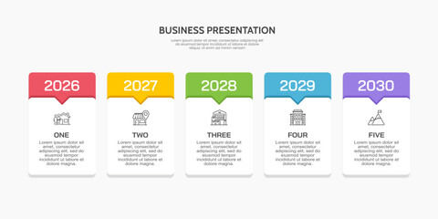 5 Year Business Expansion Timeline with Key Milestones for Corporate Presentation. Infographic colorful design. Illustration Vector.