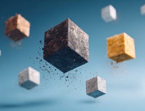 Floating, textured cubes in varied colors, suspended in space, with particles dispersed