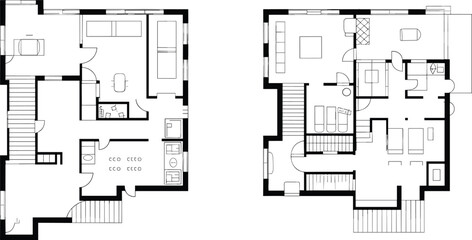 Naklejka na meble Detailed modern house floor plan, architectural blueprint layout with furniture, top view, residential design, real estate planning, home interiors