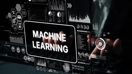 Fototapete - Hands typing on keyboard with machine learning graphics and data analysis elements, showcasing technology and innovation in digital landscape. Asymptotic smart data analytic.