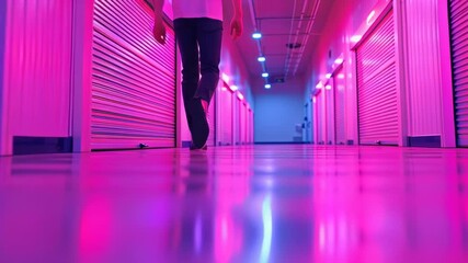 Poster - Person Walking Through Neon Lit Corridor with Storage Units and Vibrant Color Scheme