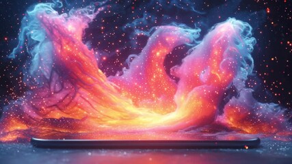 Poster - Vibrant Cosmic Explosion with Colorful Swirls Emanating from a Modern Mobile Phone on Dark Background