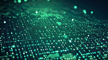 Poster - Data visualization with world map and digital patterns in vibrant green and blue tones