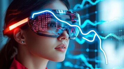 Poster - Young woman with futuristic glasses analyzing digital data and technology in a modern environment