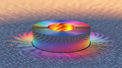 Poster - Vibrant Abstract Cylinder with Colorful Waves Reflecting Light in a Digital Art Environment