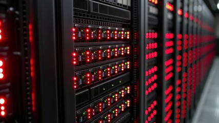 Poster - Network Server Room with Red LED Lights Indicating Activity and Status in Data Center Environment