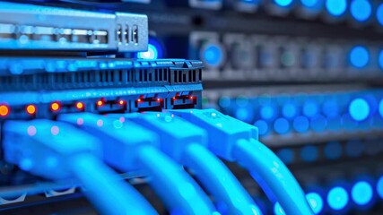 Poster - Close-Up of Network Switch with Ethernet Cables and LED Indicators in Server Room Environment