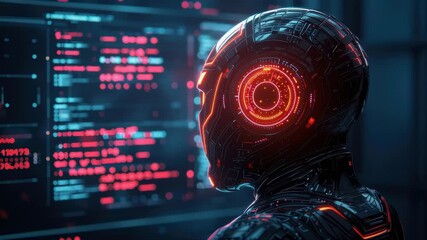 Poster - Futuristic Robot with Neon Lights Analyzing Digital Data in High-Tech Environment