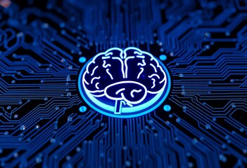 Poster - Abstract circuit board with AI brain symbol; blue, black tech design,  motherboard,  PCB