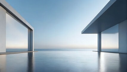 Poster - 3D Render of Opposing Concrete Structures Over Reflective Seaside Floor with Clear Sky Horizon