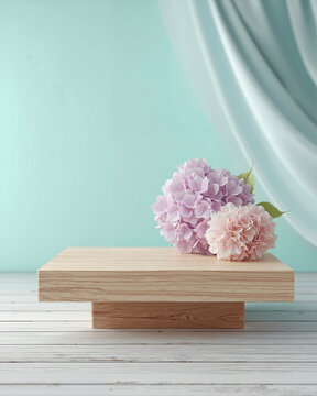 Clean 3D rendered summer lifestyle scene with an empty matte soft wood cube platform, set against a solid pastel mint green background with soft lighting, featuring a small stylized tropical Hydrangea