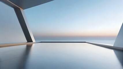 Poster - 3D Render of Angular Architectural Beams Over Reflective Seascape in Minimalist Sunset Composition