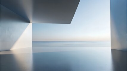 Poster - 3D Render of Minimalist Geometric Frame Over Reflective Ocean Horizon in Serene Sunset Scene