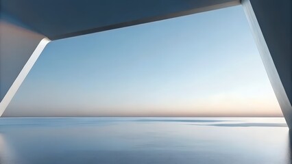 Poster - 3D Render of Modern Geometric Opening Over Reflective Seascape in Minimalist Sunset Horizon