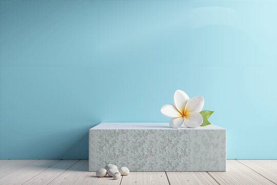 Clean 3D rendered summer lifestyle scene with an empty matte concrete cube platform, set against a solid pastel sky blue background, featuring a small pure white abstract frangipani flower 