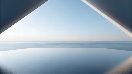 Poster - 3D Render of Triangular Architectural Portal Reflecting Over Ocean in Minimalist Sunset Composition