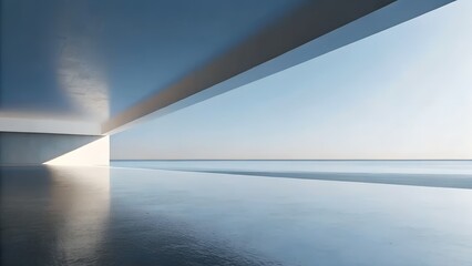 Poster - 3D Render of Minimalist Overhanging Architecture Over Reflective Surface with Distant Horizon at Sunset