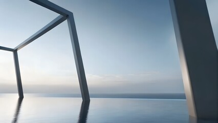 Poster - 3D Render of Minimalist Beam Structure Reflecting Over Tranquil Ocean at Golden Hour