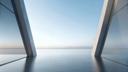 Poster - 3D Render of Mirrored Geometric Architecture Over Serene Ocean Horizon at Dusk