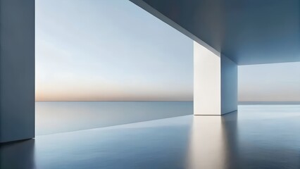 Poster - 3D Render of Modern Open-Frame Architecture Over Reflective Ocean Horizon at Sunset