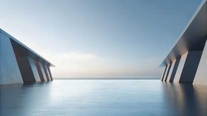 Poster - 3D Render of Angular Metallic Structures Reflecting Over Calm Ocean Horizon at Dusk