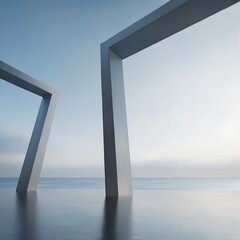 Poster - 3D Render of Modern Geometric Arches Reflecting in Tranquil Ocean at Blue Hour