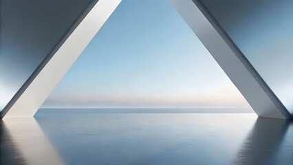 Poster - 3D Render of Abstract Geometric Architecture with Concrete Triangular Forms and Sky Reflections at Dusk