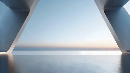 Poster - 3D Render of Symmetrical Minimalist Architecture Framing Ocean Horizon with Sunset Reflections