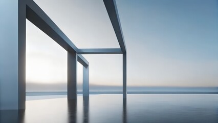 Poster - 3D Render of Minimalist Geometric Frames with Reflections at Sunset in Serene Architectural Landscape