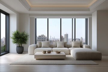 Poster - Minimalist living room, large windows overlooking a city skyline, natural light, beige and off-white color palette, clean lines, subtle textures, Scandinavian modern design