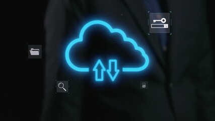 Poster - This digital artwork depicts a futuristic cloud computing interface with vibrant arrows symbolizing file transfer, along with various tech icons representing data exchange. Qubit