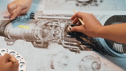 Poster - An engineer hands work on detailed engine components surrounded by technical drawings, illustrating the intricate process of aerospace machinery design and analysis. SACTR
