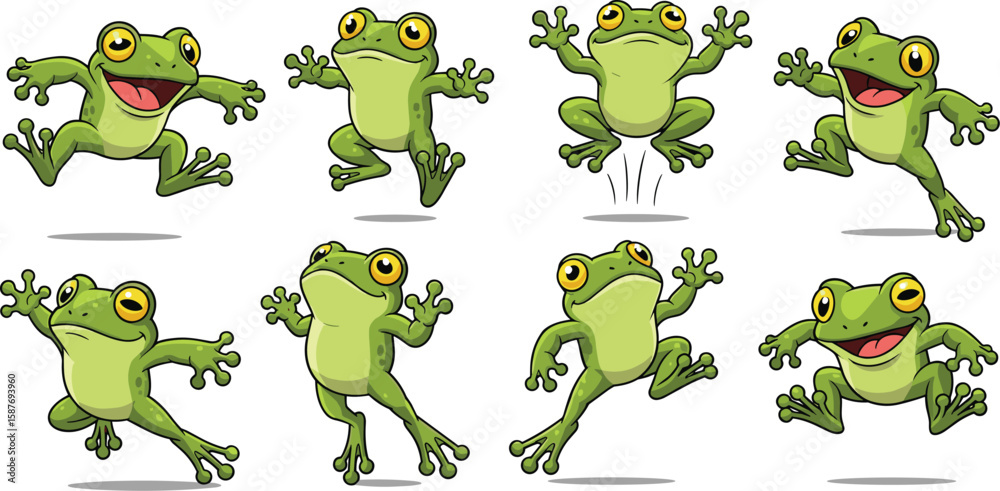 Cartoon vector illustration of cute frog character in 8 different poses ...