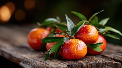 Wall Mural - Fresh tangerines with green leaves rest on a rustic wooden table, creating a vibrant and natural scene with a blurred background.
