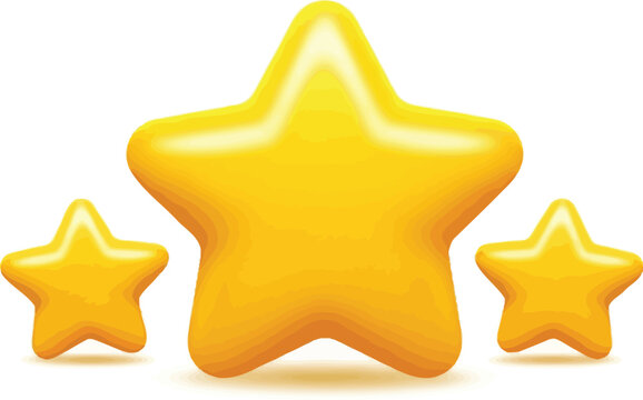Three dimensional rendering of three yellow stars on a plain white background space
