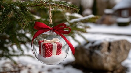 Wall Mural - a clear christmas ornament with a red gift inside hangs from a pine tree branch, set against a snowy
