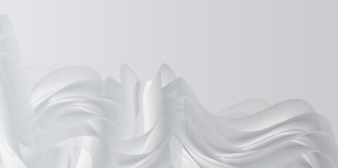 Fototapete - Showcases an abstract design with intricate, wave-like patterns in shades of white and light gray, flowing ribbon-like structures create a sense of depth and movement, modern and dynamic appearance.