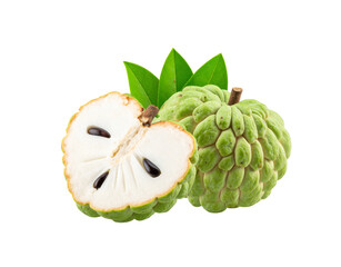 A whole and a halved custard apple with green lumpy skin creamy white pulp black seeds and fresh leaves.
