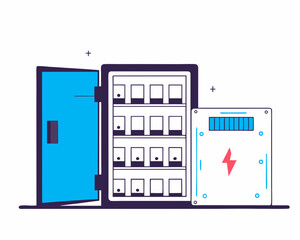 Poster - Vector illustration of an open electrical control panel with circuit breakers, and a fuse box on a white background.