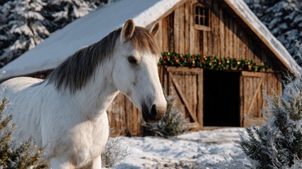 Wall Mural - a white horse stands in front of a rustic wooden barn decorated with festive garland, surrounded by 