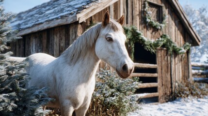 Wall Mural - a white horse stands in front of a rustic wooden barn decorated with greenery, surrounded by snow-co