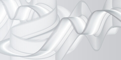 Fototapete - Showcases an abstract design with intricate, wave-like patterns in shades of white and light gray, flowing ribbon-like structures create a sense of depth and movement, modern and dynamic appearance.