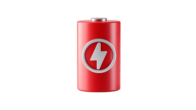 A vibrant 3D rendering of a red battery featuring a prominent lightning bolt symbol, set against a clean white background.
